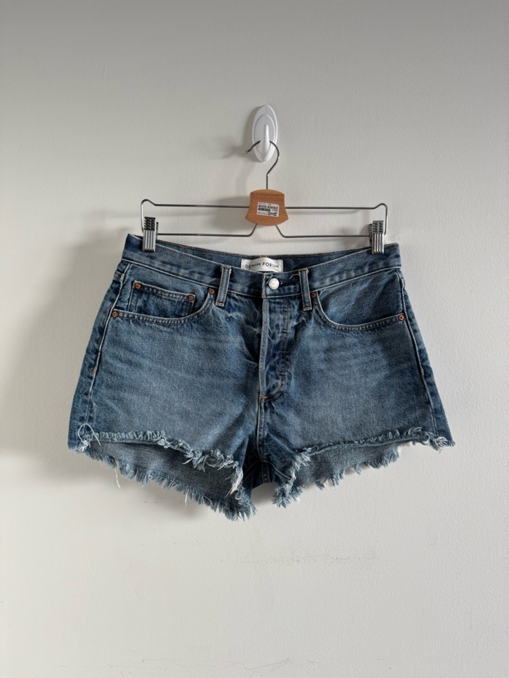 Denim Forum 29 Frayed Hem Jean Shorts in Blue